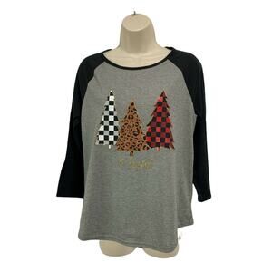 Holiday Time Womens Shirt Size Medium 3/4 Sleeve Tee Gray Black Pullover